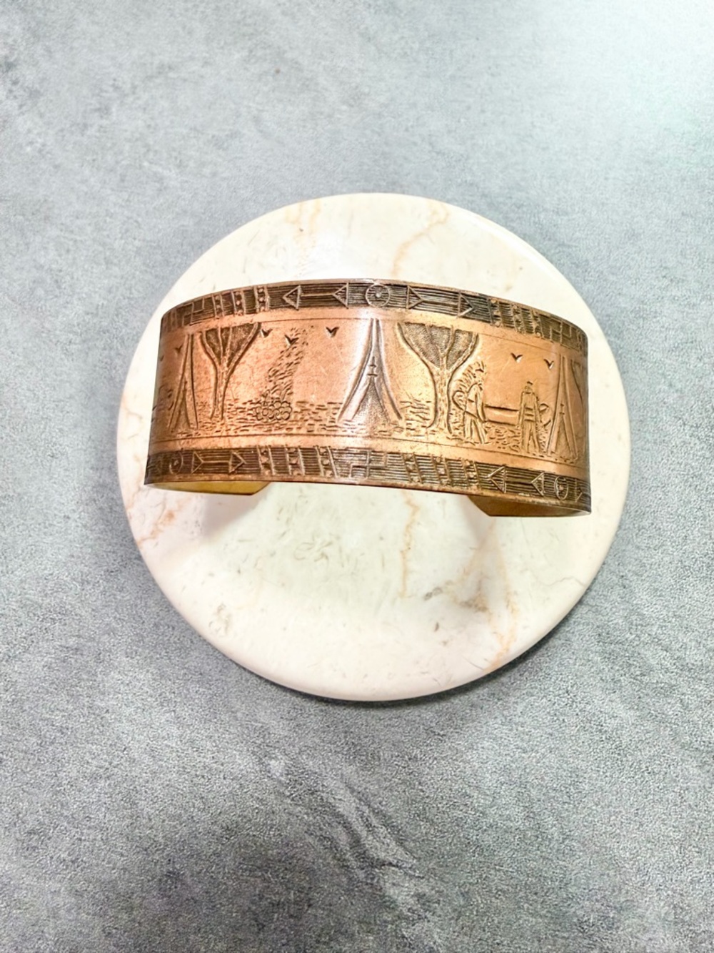 Vintage Story Teller Etched Copper Cuff Stacking Bracelet with Tribal Scene